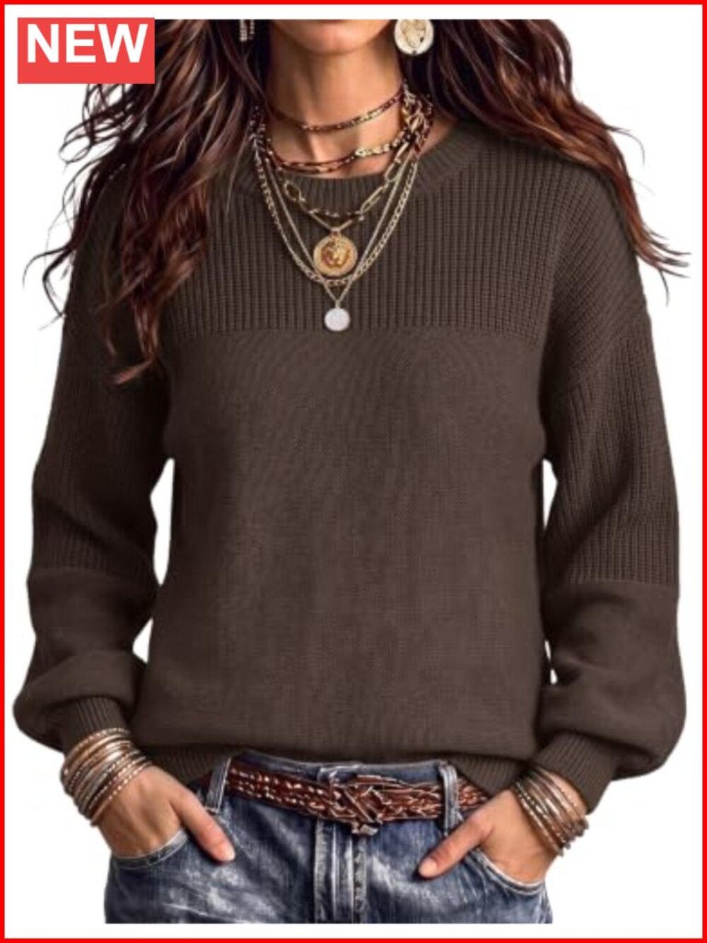 Cotton Blend Chunky Knit Pullover Sweater Loose Fit Crew Neck Long Sleeve